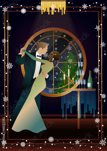 New Year s, Christmas party. A couple dances near a table with champagne, against the backdrop of a window with snowfall. Concept for holiday, winter holidays, New Year, Christmas
