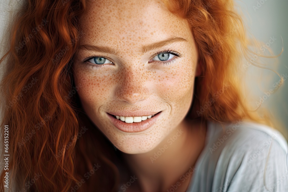 A portrait of a happy, red-haired woman with freckles, radiating natural beauty and joy