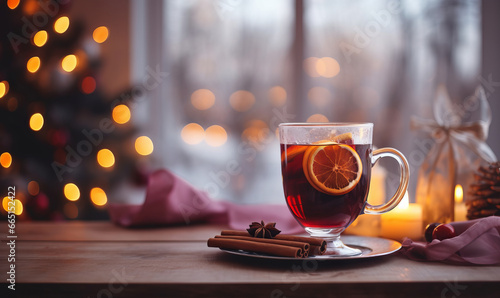 A glass of festive spiced mulled wine against a winter background scene