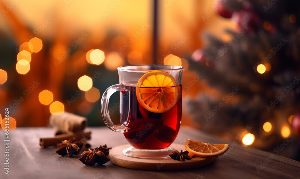 A glass of festive spiced mulled wine against a winter background scene A glass of festive spiced mulled wine against a winter background scene