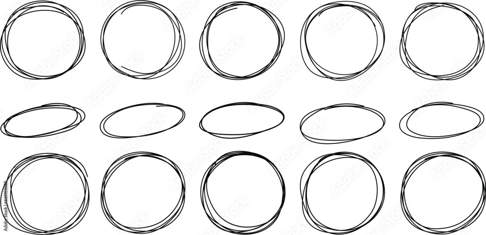 Hand drawn circle line sketch set. Vector circular scribble doodle round circles for message note mark design element. Pencil or pen graffiti bubble or ball draft  - obrazy, fototapety, plakaty 