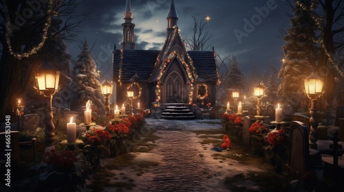 A peaceful churchyard with a quaint chapel, decorated with garlands and candles for a midnight service
