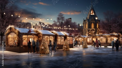 A picturesque outdoor ice skating rink surrounded by festive food trucks offering warm pretzels, hot chocolate, and roasted chestnuts on a snowy Christmas evening.