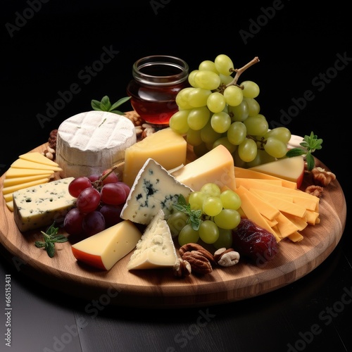 Stylish cheese eco plate with various types of Italian cheese, fruits, berries and nuts. Food photography for recipes, restaurants and cafes.