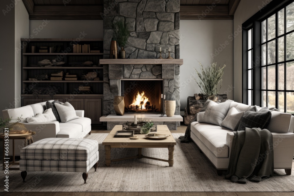Rustic Farmhouse Living Room: Stone Fireplace, Neutral-Toned Sofas, Plaid Ottoman, Wooden Shelving, and Large Black Framed Windows Rustic Farmhouse Living Room: Stone Fireplace, Neutral-Toned Sofas, Plaid Ottoman, Wooden Shelving, and Large Black Framed Windows