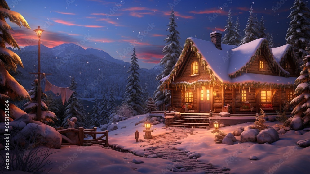 A picturesque winter scene of a quaint log cabin nestled in the woods, with the inviting glow of candlelight and the scent of freshly baked bread in the air.