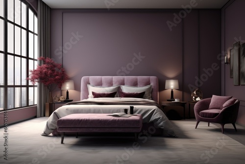 Lavender Bedroom: Purple Upholstered Bed, Modern Side Tables, Velvet Lounge Chair, and Ambient Wall Lights Against Grid Windows