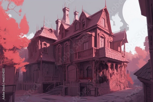 Crimson house amidst pale houses. Quest and exploration idea. Artwork. Generative AI