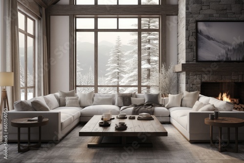 Cozy Winter Retreat Living Room: White Seating, Panoramic Snowy View, Rustic Stone Wall, Crackling Fireplace, and Minimalist Wooden Coffee Table