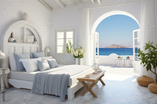Whitewashed Greek bedroom with ocean scape. Generative AI © Jason