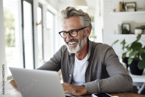 Happy senior man using the laptop at home