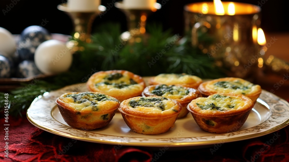 A plate of miniature, bite-sized quiches, filled with spinach and feta, making a delightful addition to any Christmas brunch or holiday gathering.