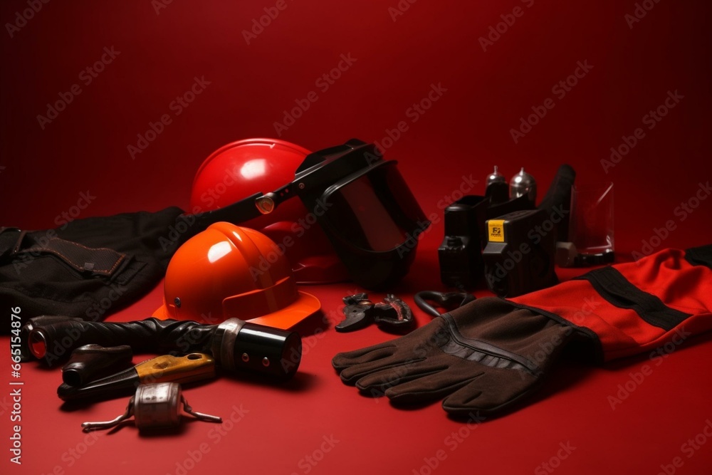 Safety equipment on table, red background. Generative AI Safety equipment on table, red background. Generative AI