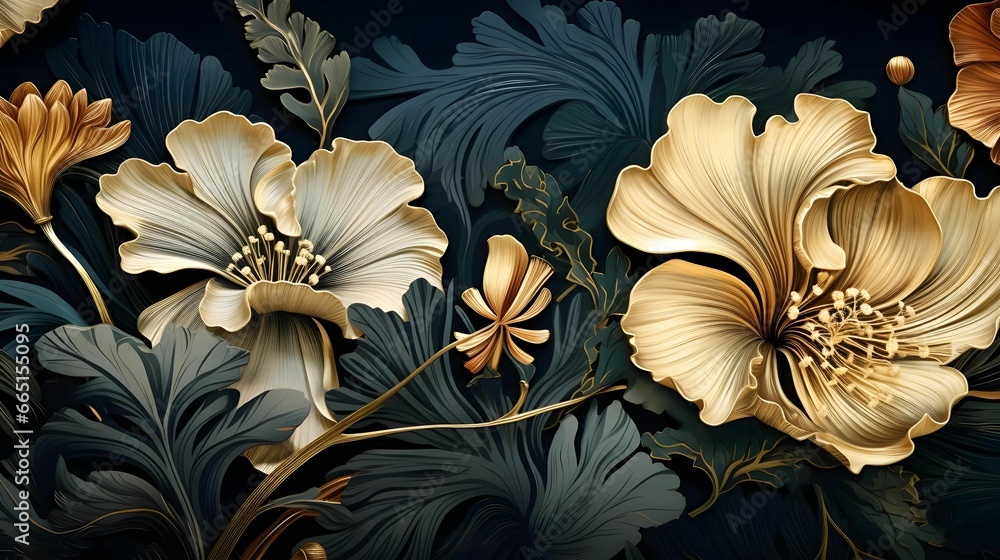 AI generated illustration of golden flowers and green plants on a dark green background