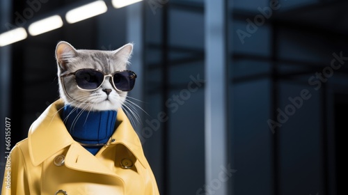 A stylish cat with sunglasses and a yellow coat walks down a runway. Generative AI. © Natalia