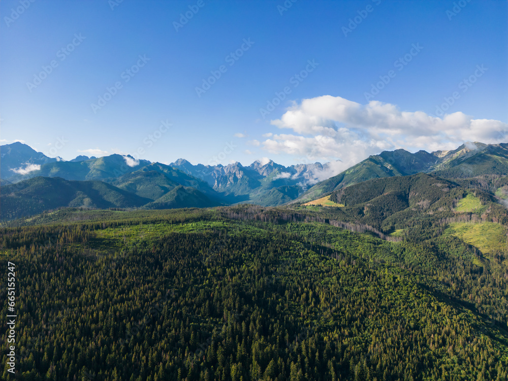 Aerial photo from a drone, Polish Tatra Mountains in mid-summer.