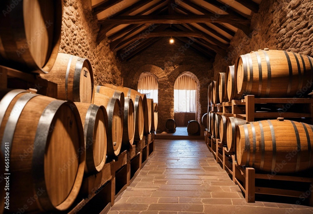 AI generated illustration of wooden barrels in a wine cellar