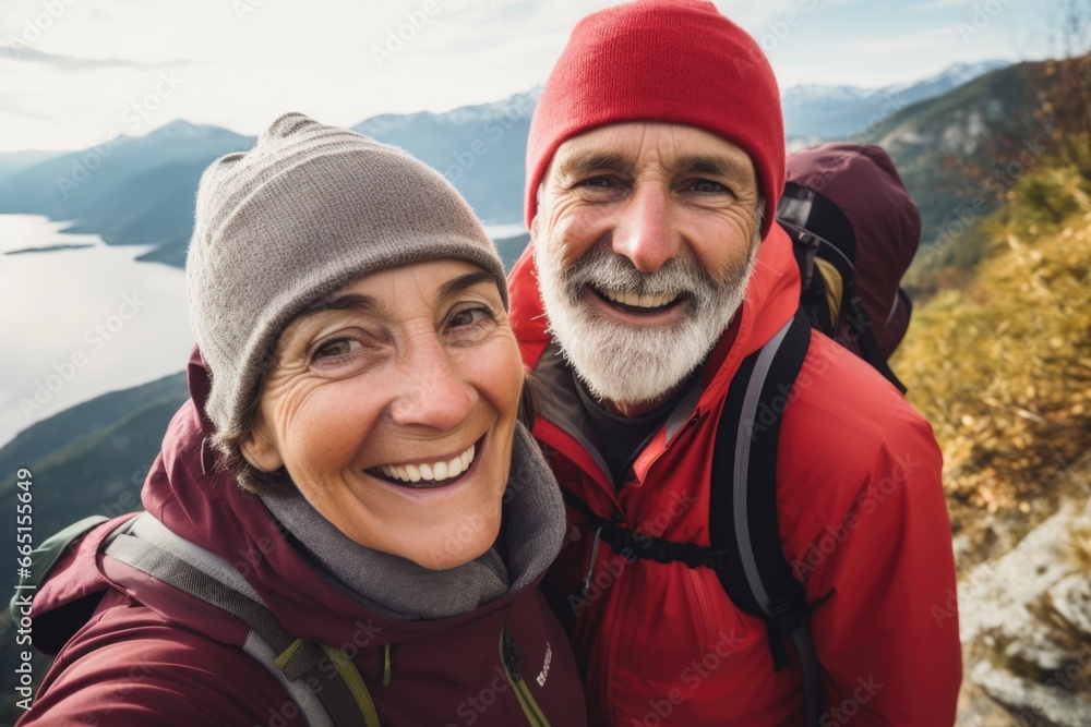 Portrait of a senior couple hiking in the mountains Portrait of a senior couple hiking in the mountains