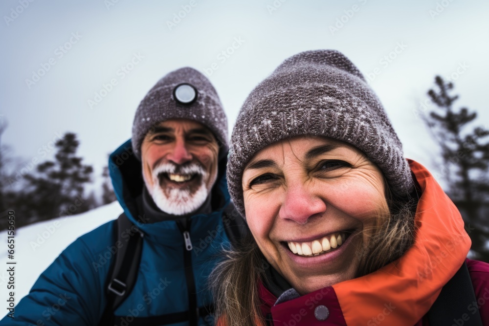 Portrait of a senior couple hiking in the mountains Portrait of a senior couple hiking in the mountains