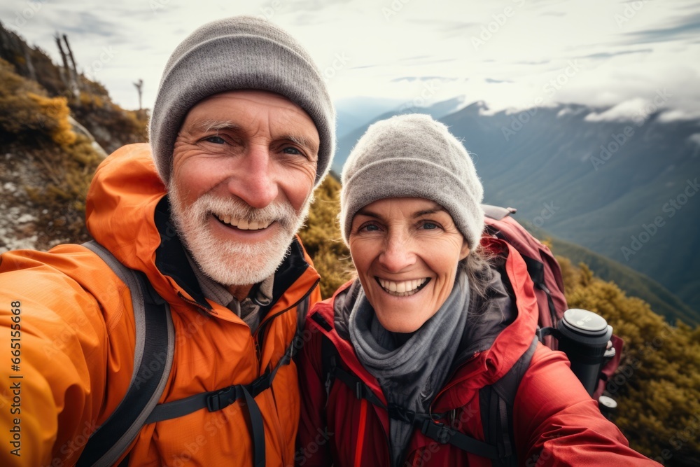 Portrait of a senior couple hiking in the mountains