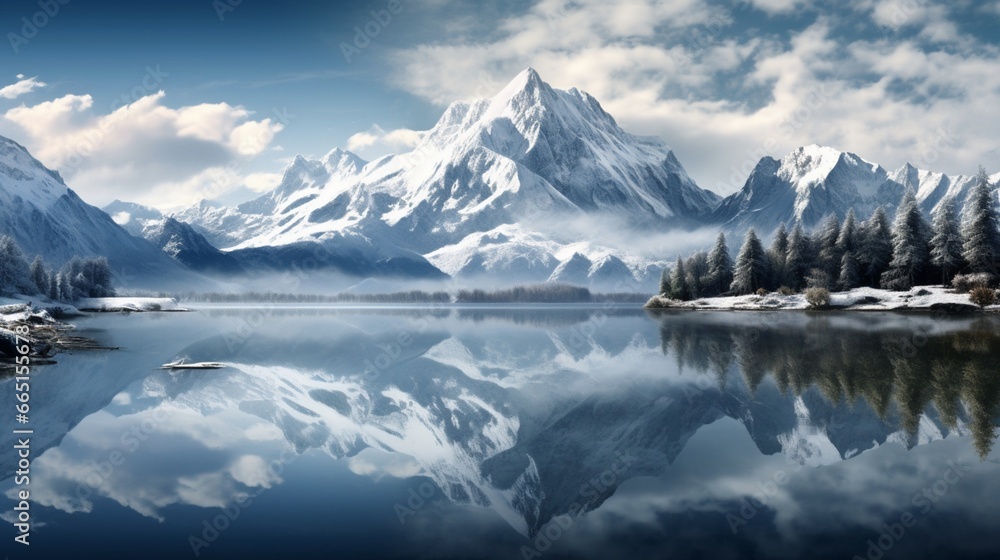 A pristine lake reflecting the snow-capped peaks of a distant mountain range.
