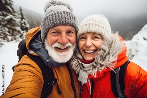 Portrait of a senior couple hiking in the mountains © Baba Images
