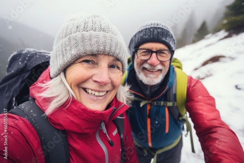 Portrait of a senior couple hiking in the mountains