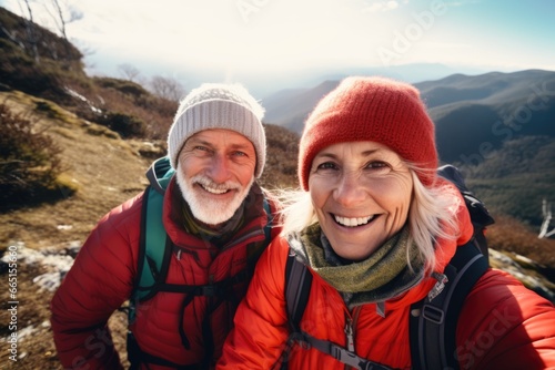 Portrait of a senior couple hiking in the mountains