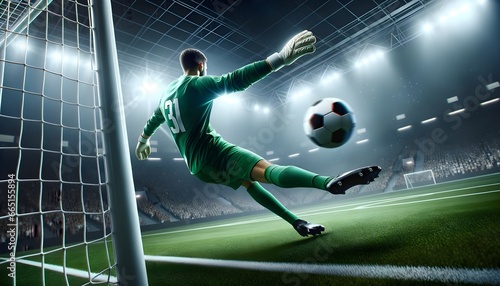 Soccer background concept, football banner with copy space text, goalkeeper defending goal photo