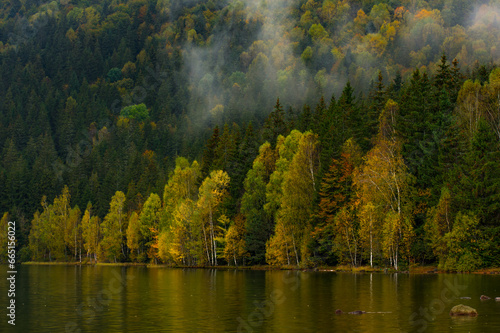 Obraz na płótnie reflections with forest in autumn lake, Sf Ana lake w salonie