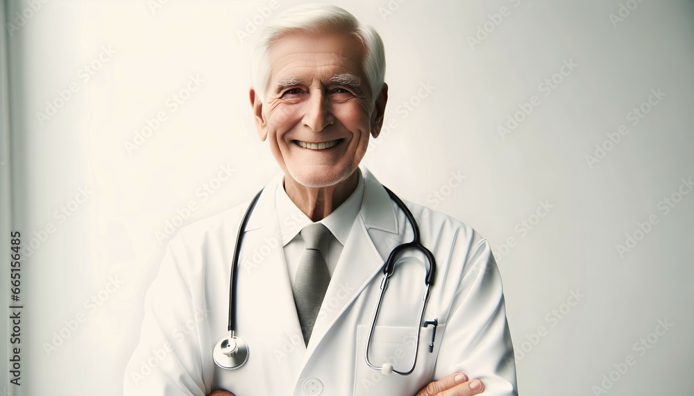 Portrait of elderly handsome doctor with stethoscope around neck wearing white coat, isolated on white background 