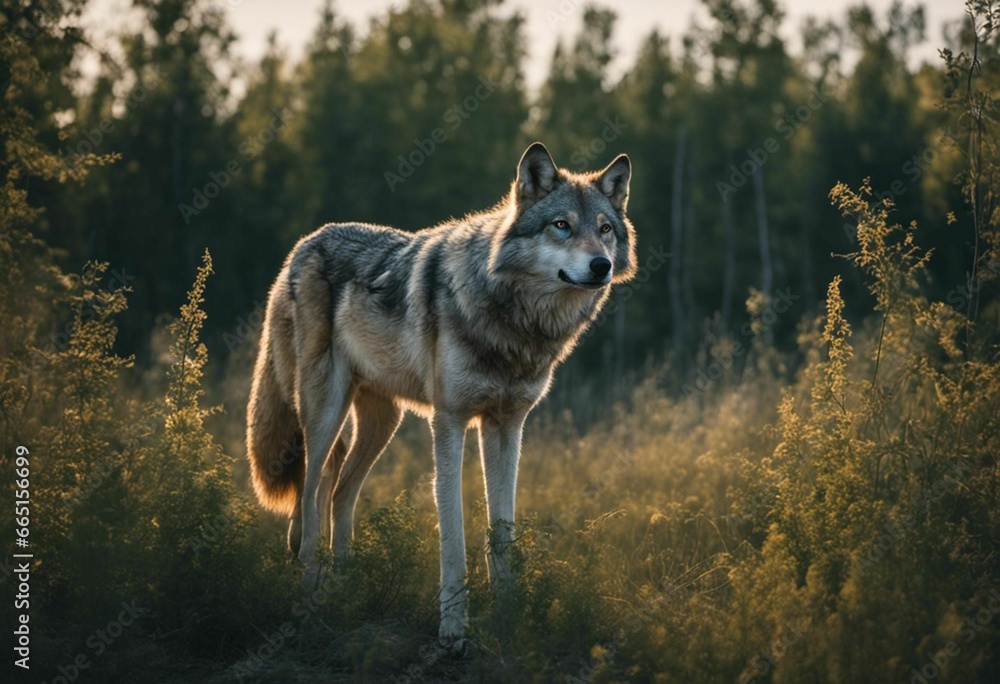 Fototapeta premium AI generated illustration of a majestic wolf with a vibrant brown coat in a field of lush grass