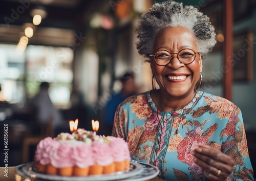 Radiant elderly Black woman enjoying her birthday with a delightful cake in front