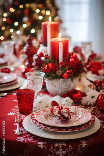 New Year table, Christmas meal, Christmas decorated table, winter table, Christmas Cookies, winter holidays concept, Merry Christmas and Happy New Year background, light effects, New Year celebration