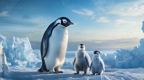 AI generated illustration of A beautiful winter scene, featuring penguins standing in an icy cavern