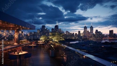 A rooftop bar and restaurant with stunning skyline views and a chic  urban atmosphere.