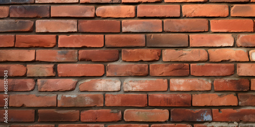 Brick wall with varying shades of red and orange arranged in a horizontal pattern, weathered and chipped edges, taken from a close-up perspective.