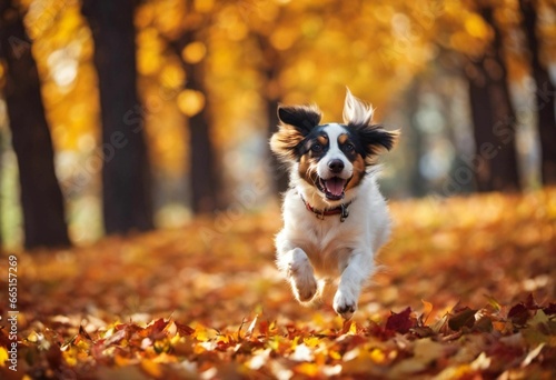 AI generated illustration of a cheerful dog running joyfully over a carpet of autumn leaves