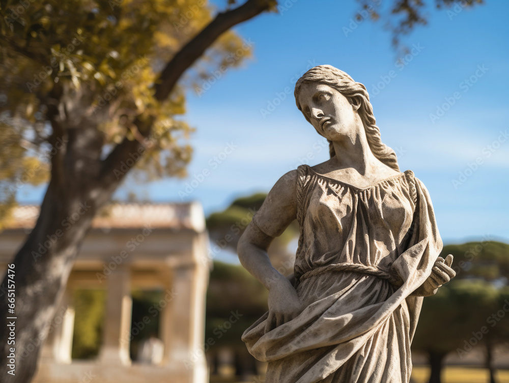 an ancient Greek marble statue of Athena, frontal view, standing in an open - air museum, soft diffuse daylight, olive trees in the background