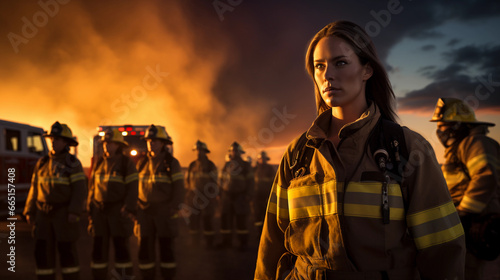 Female firefighter, front and center, crew in the background, powerful stance, sunset behind, wide angle lens