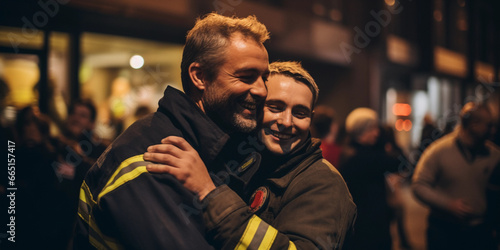 Firefighters celebrating, saved the day, hugging each other, natural candid expressions © Marco Attano