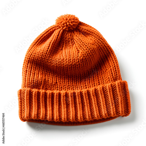 Vibrant Orange Knitted Beanie Hat on Isolated Background