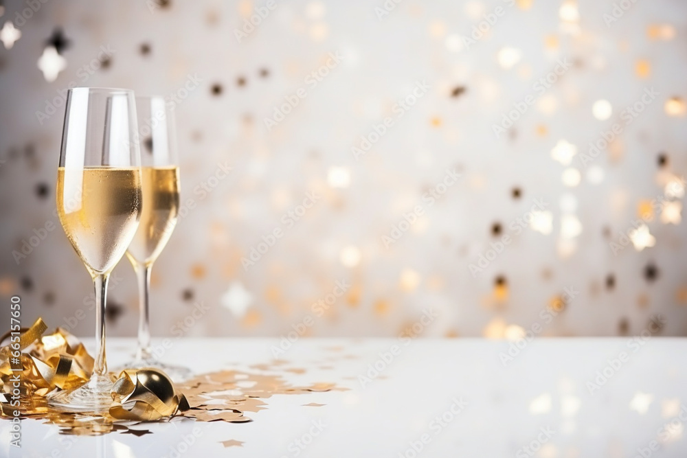 A festive New Year's Eve party with confetti and champagne, love and creativity with copy space A festive New Year's Eve party with confetti and champagne, love and creativity with copy space