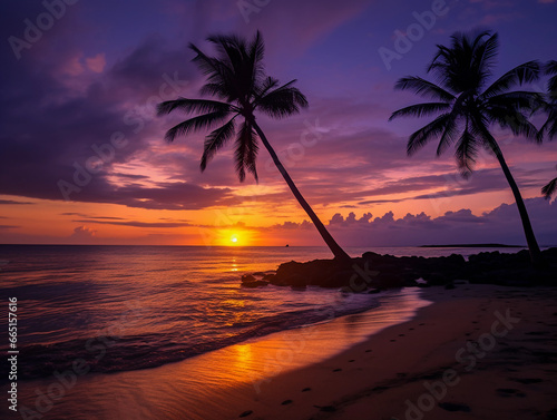 Sundown at tropical beach  silhouette of palm trees  sky transitions from blue to purple  fiery sun sinking into ocean