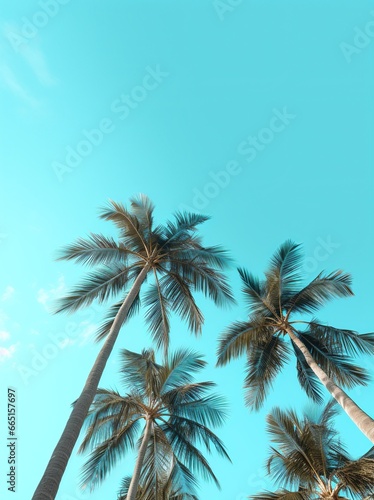 Skyward view of palm trees against a vibrant blue sky