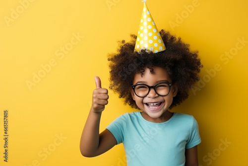 A child wearing oversized glasses and a party hat, love and creativity with copy space