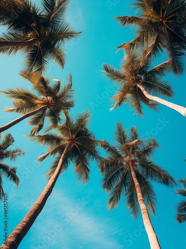 Upward view of palm trees against a vibrant blue sky
