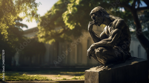 portrayal of a modern concrete statue mimicking a famous pose from Rodin's "The Thinker, " set in an urban park, afternoon sunlight with lens flare