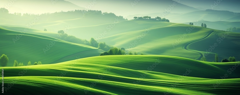 Misty morning over lush green rolling hills Misty morning over lush green rolling hills