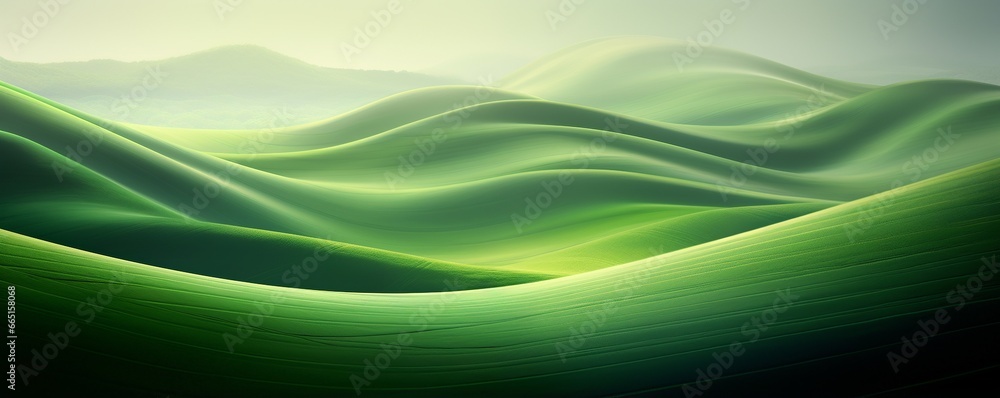 Lush green rolling hills creating serene wavy patterns under a dark sky - obrazy, fototapety, plakaty 